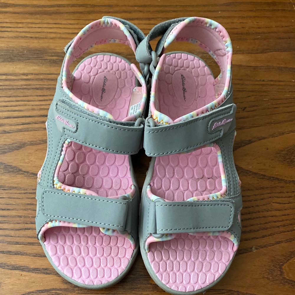 Pink and grey Eddie Bauer sandals for girls.